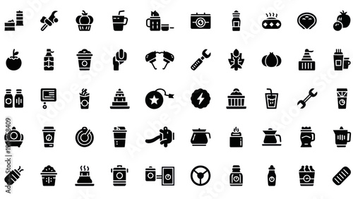 Collection of Black Icons: Food, Drinks, Tools, Buildings, and More