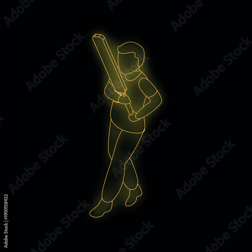 Golden neon sign of a cricketer holding a bat, ready to strike, on a black background
