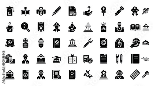 Collection of Black Icons Representing Education, Law, Security, Technology, and Professions