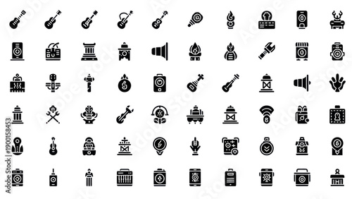 Collection of black icons representing music, tools, technology, and abstract symbols