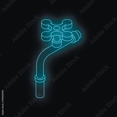 Neon blue isometric faucet shining on a dark background, representing plumbing, water supply, and bathroom fixtures