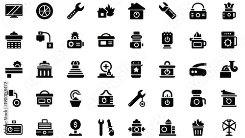 Collection of Black Icons: Tools, Security, Home, and Business Concepts