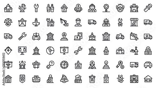 Collection of Business and Service Icons in Thin Line Art Style