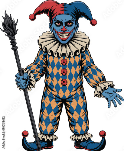 Scary Joker Jester Character Illustration With Evil Smile Halloween Carnival Villain Costume Gothic Horror Fantasy Artwork Design