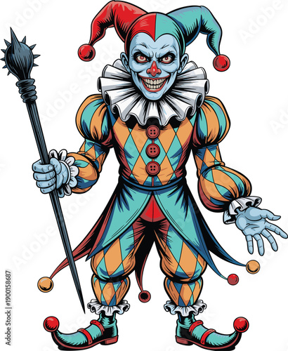 Scary Joker Jester Character Illustration With Evil Smile Halloween Carnival Villain Costume Gothic Horror Fantasy Artwork Design