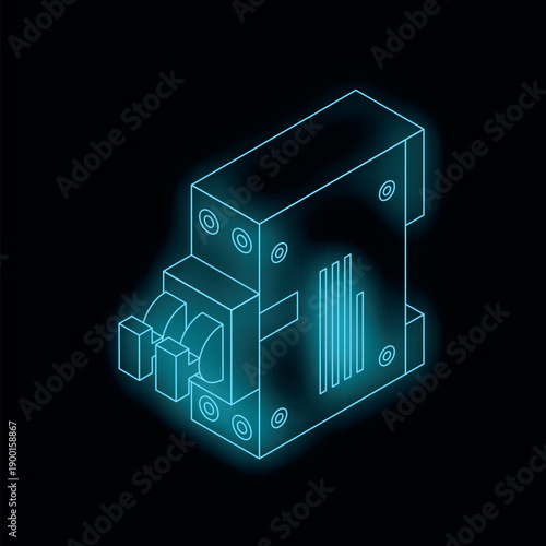 Neon blue isometric circuit breaker glowing on dark background, representing electrical safety and power distribution