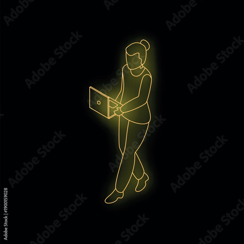 Neon yellow isometric projection of businesswoman walking and using laptop on black background