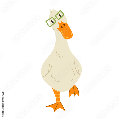 Grumpy goose wearing glasses. Duck isolated on white background. Playful farm bird character. Vector hand drawn flat illustration for kids design, stickers, prints, packaging and nursery decor