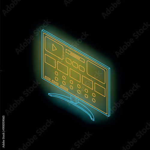 Glowing streaming platform user interface with video player and content thumbnails displayed on a modern smart tv screen