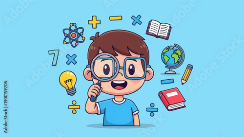 Young student examines knowledge with magnifying glass and various elements