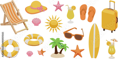 Summer Beach Vacation Icon Set with Yellow Suitcase Surfboard Deck Chair Sunglasses Sun and Palm Tree in Cad Drawing Flat Vector Illustration