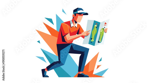 Young student examining learning tools with magnifying glass and various symbols