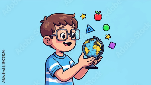 Young student examining globe with geometric shapes representing education