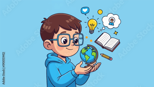 Young student holding a globe surrounded by education and learning symbols