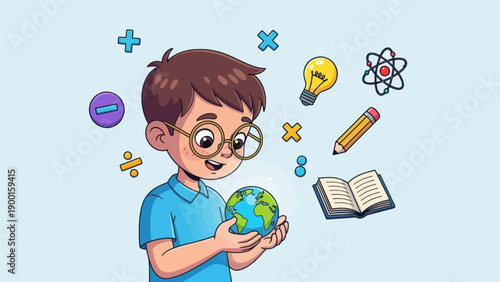 Quadro su tela Young student holding a globe surrounded by education and science symbols