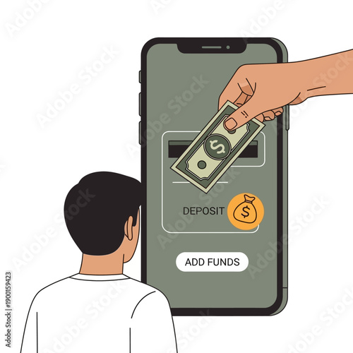 A person depositing money into a mobile banking application on a smartphone screen