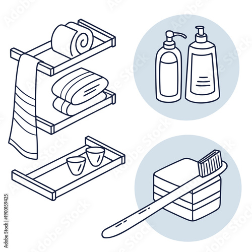 Bathroom essentials neatly arranged on a towel rack and countertop