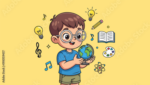 Young student holding a globe surrounded by education symbols in vector illustration