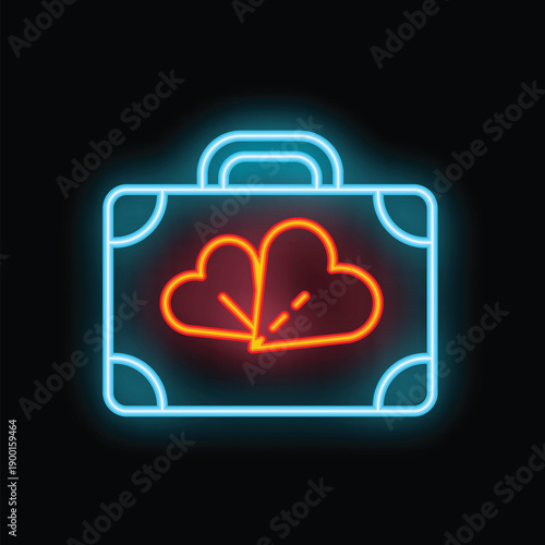 Neon suitcase with two hearts glowing on black background for honeymoon trip and valentine's day