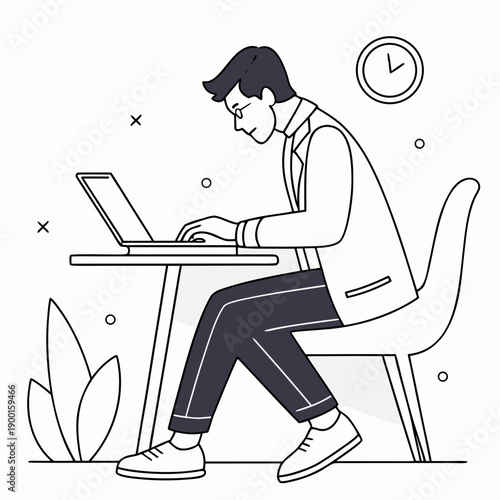 A person is working diligently on their laptop at a desk with a clock in the background.