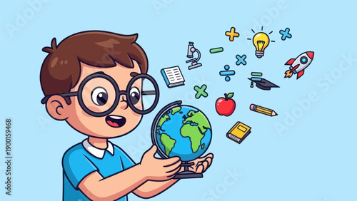 Young student holding a globe surrounded by educational symbols