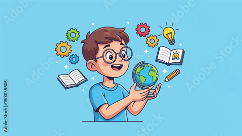 Young student holding globe surrounded by learning symbols on light blue background