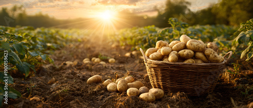Basket full of freshly harvested potatoes in field nature minimal