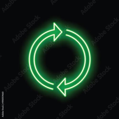Green neon light showing arrows moving in a clockwise circle on a black background