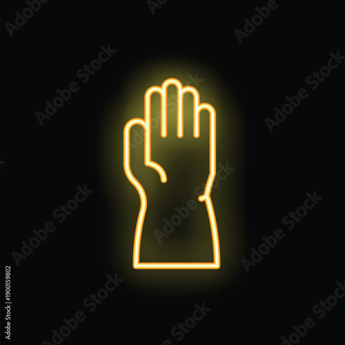 Yellow glowing neon icon of a hand wearing a rubber glove for safety and protection