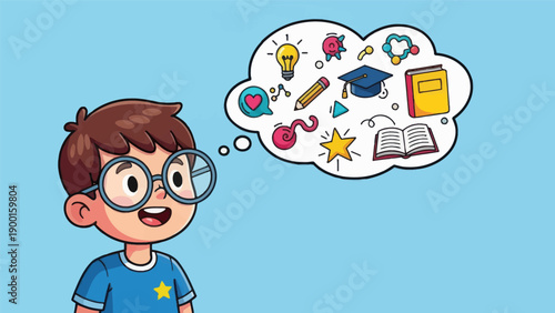 Young student imagining education and ideas with concept symbols illustration