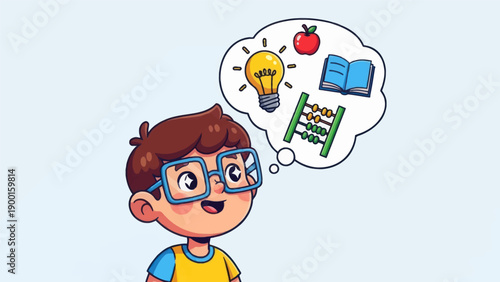 Young student imagining educational elements learning concept illustration
