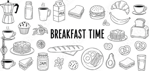 Hand drawn breakfast food collection with coffee, pancakes, eggs, and bread icons, cad drawing flat vector illustration, set on white.