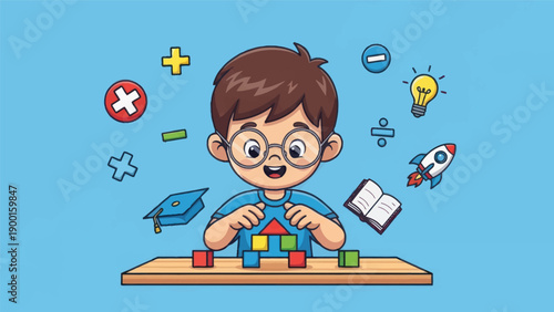 Young student learning math with colorful blocks and education symbols