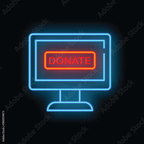 Neon computer screen displaying a red donate button on a black background