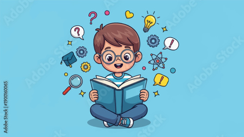 Young student reading book surrounded by education related icons vector illustration