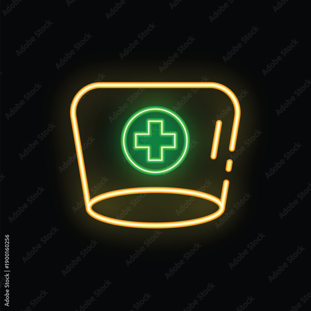 Fototapeta premium Glowing neon sign representing a nurse hat with green cross on black background