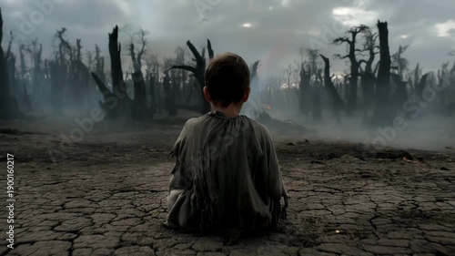 A young boy sits alone on cracked earth in a desolate landscape with burnt trees and smoke