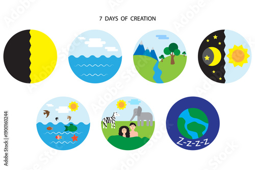 Holy bible story. Divine genesis cycle. Biblical nature Vector. 7 DAYS OF CREATION Z z z z text world chronicle collection.