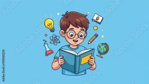 Young student reading book surrounded by learning symbols on light blue background