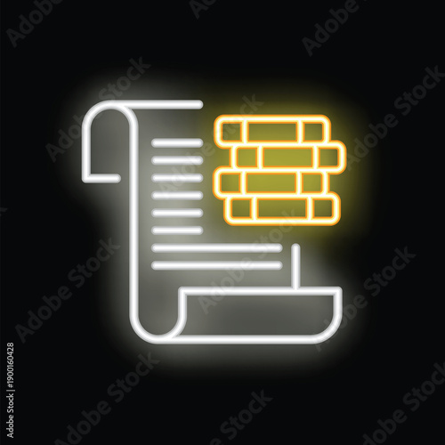 Glowing neon icon of a papyrus scroll holding golden bricks, symbolizing the storage and preservation of valuable data