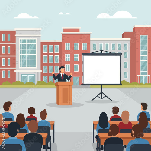 Professor giving a lecture to students in a university courtyard with a projector screen in front of large red brick buildings