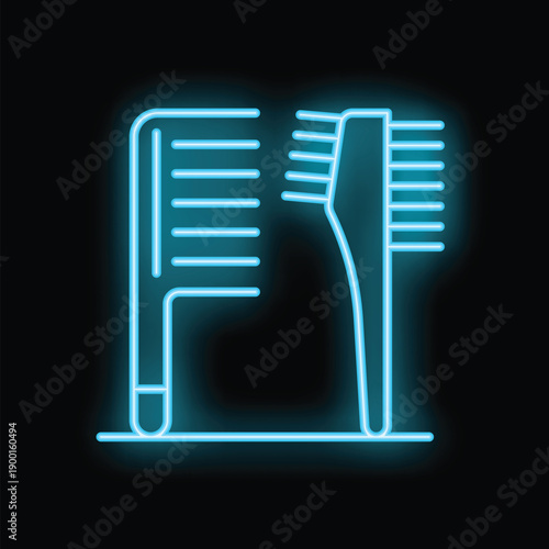 Glowing blue neon sign representing hairdressing tools comb and brush on isolated black background