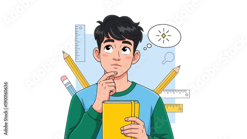 Young person pondering with thought bubble and office supplies illustration