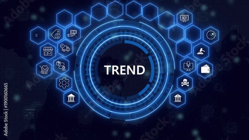 Trend searching concept. Searching information data on internet networking to initiative trends. Searching for upcoming business trend, seeking opportunities investment. 4k Wooden cubes background.
