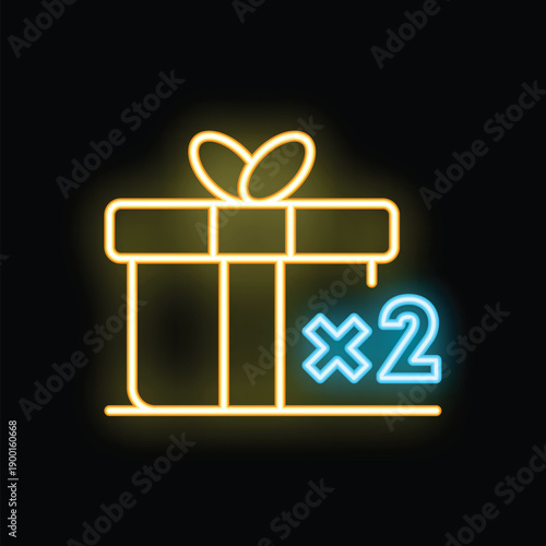 Neon sign of a gift box with a glowing multiply symbol suggesting a double bonus surprise