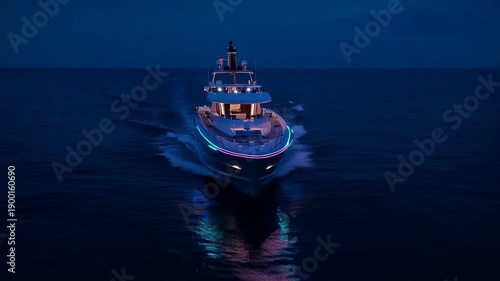 Luxury yacht sailing through dark blue ocean waters at night with colorful lights