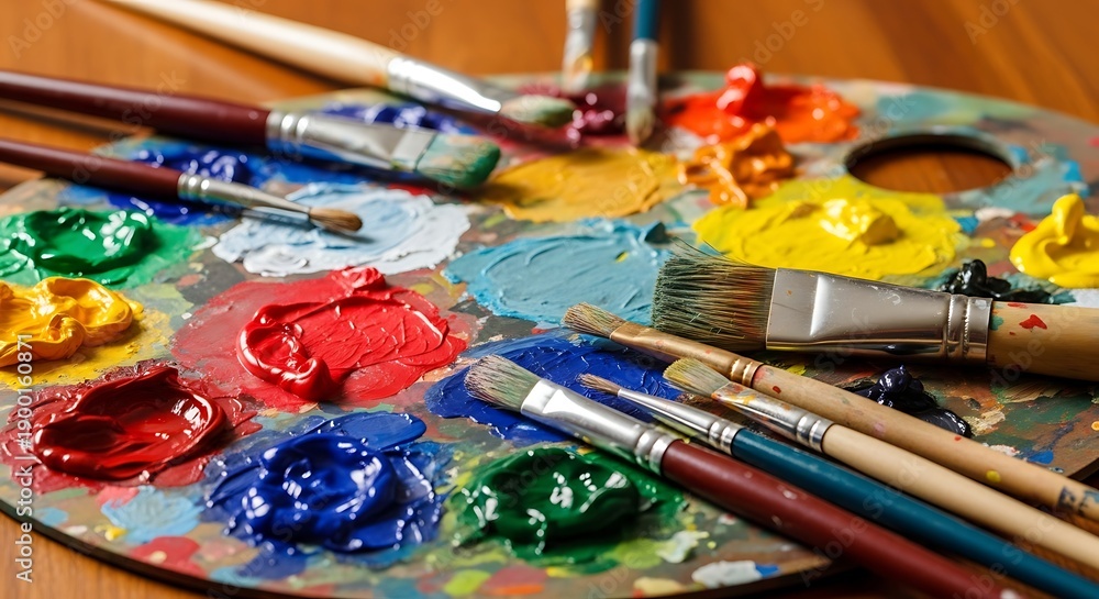 Fototapeta premium Colorful paint brushes on a palette