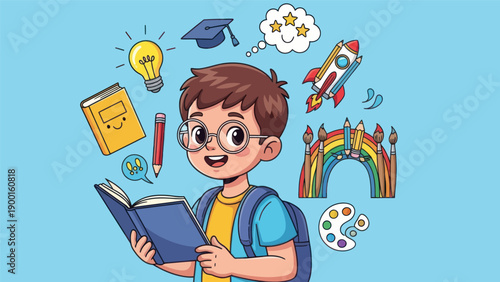 Young student reading book with education related illustrations and ideas