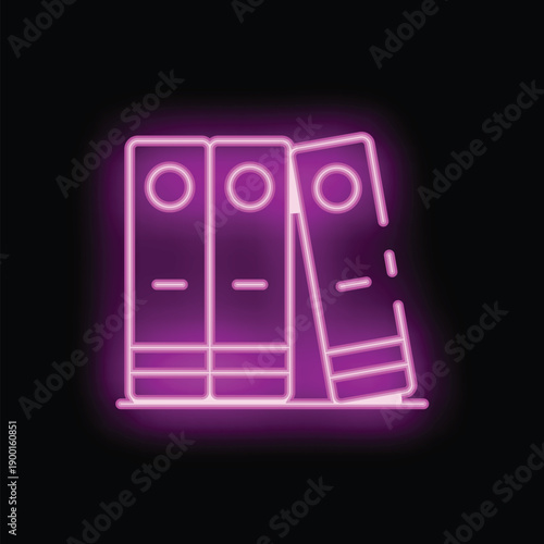 Office binders glowing with pink neon light on a dark background, perfect for themes of organization and paperwork