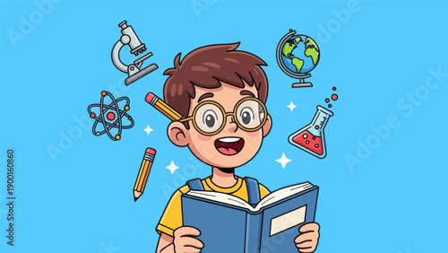 Young student reading book with education related objects vector illustration